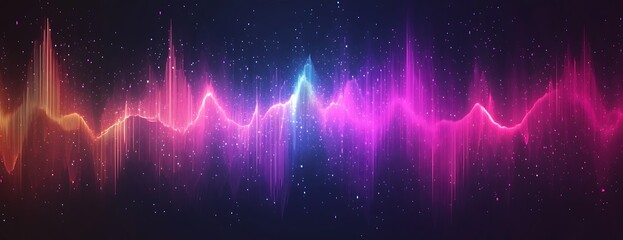 Abstract digital art with glowing pink, blue, and yellow lines and white particles on a black background.