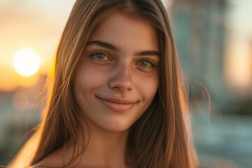 Obraz premium Close-up of a youthful, clean-skinned woman's smiling face. A happy girl captured in an outdoor picture.
