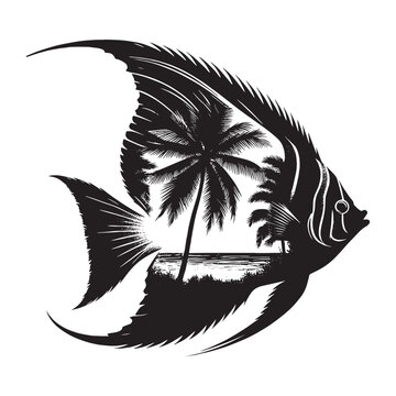recommend clip art: silhouette of Regal Angelfish filled with ocean beach view with palm tree in rough drawing