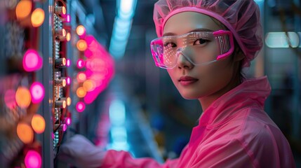 Obraz premium A female worker in a pink protective suit and safety glasses stands in a factory setting.