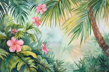 Tropical Oasis: Hand-drawn Watercolor Illustration of Exotic Palm Tree and Oleander Shrub with Pink and White Flowers