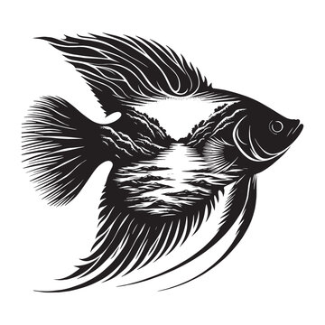 recommend clip art: silhouette of Regal Angelfish filled with river view in rough drawing
