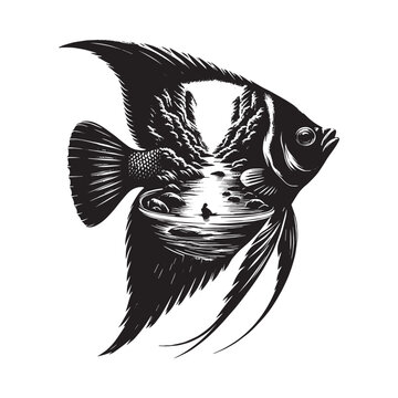 recommend clip art: silhouette of Regal Angelfish filled with river view in rough drawing