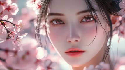 Fototapeta premium Close-up of a young Asian woman surrounded by pink cherry blossoms, radiating beauty and serenity.