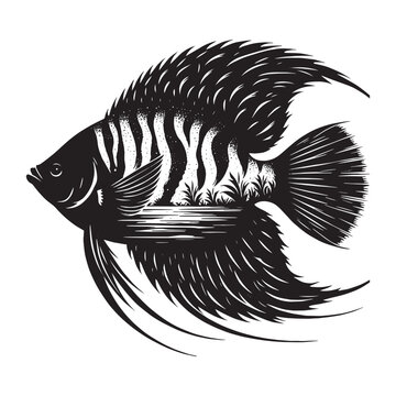recommend clip art: silhouette of Regal Angelfish filled with river view in rough drawing