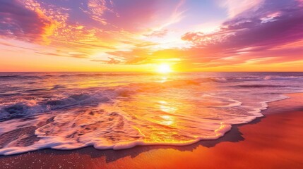 Warm golden sunset over a tranquil beach with gentle waves lapping the shore, featuring vibrant hues of orange, pink, and purple in the sky, reflecting the end of summer
