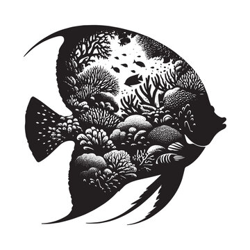 recommend clip art: silhouette of Regal Angelfish filled with underwater view with coral in rough drawing