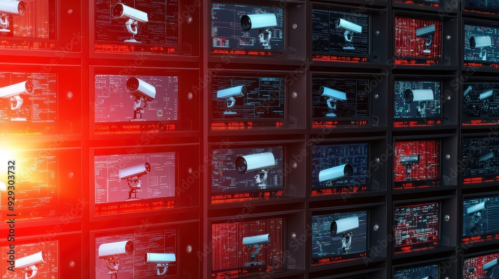 Poster a modern surveillance setup featuring multiple security cameras and monitors with glowing digital di