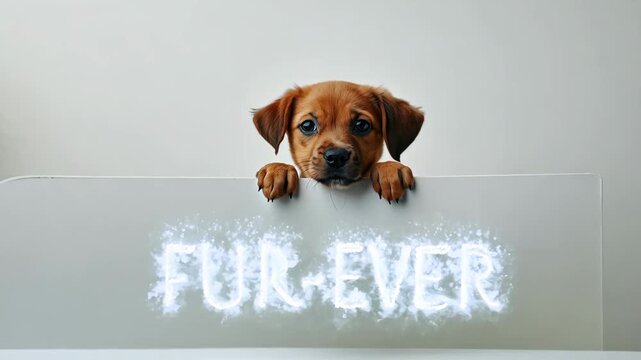 Adorable puppy peeking over a surface with the glowing text "Fur-Ever" below, conveying themes of pet adoption, companionship, and unconditional love in a playful and heartwarming way