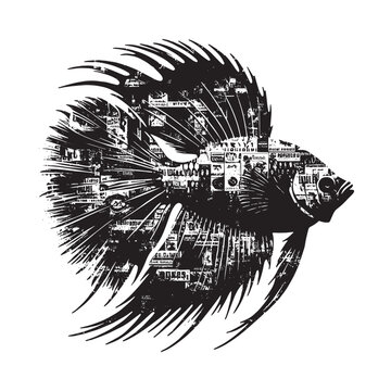 recommend clip art: silhouette of Regal Angelfish filled with vintage punk's poster collage wall in rough drawing