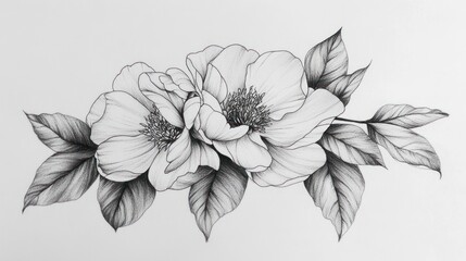 A stunning black and white illustration of two blooming flowers surrounded by leaves, showcasing intricate details and textures.