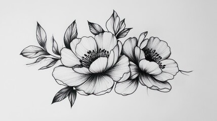 Elegant black and white illustration of two blooming flowers with delicate leaves, showcasing intricate details and artistic flair.