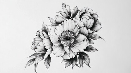 A beautiful black and white floral illustration featuring elegant peonies with intricate details and graceful leaves.