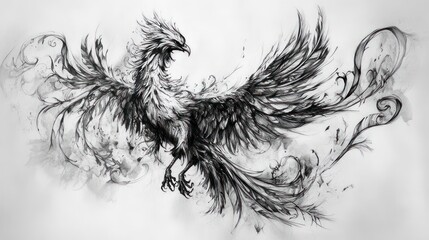 Obraz premium A majestic black and white illustration of a phoenix, symbolizing rebirth and resilience.