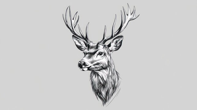 Detailed black and white illustration of a majestic stag with large antlers, showcasing intricately designed fur and facial features.
