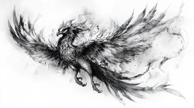 An artistic representation of a mythical phoenix, showcasing intricate details and dynamic wings spread wide in black and white.