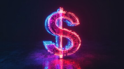 Obraz premium A vibrant neon dollar sign glowing in electric pink and blue colors against a dark background, symbolizing wealth and finance.