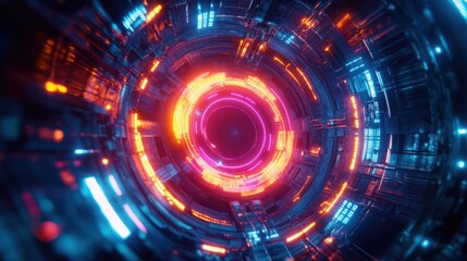 Obraz premium A vivid circular portal with glowing neon lights in shades of blue, purple, and orange, creating a futuristic cybernetic atmosphere.