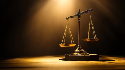 A detailed close-up of a golden scale of justice, symbolizing fairness and equality, illuminated by soft, dramatic lighting.