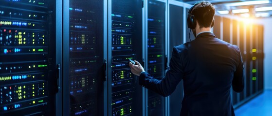 A professional managing servers in a data center, showcasing modern technology and network operations.