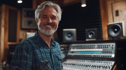 Smiling older Caucasian man in a recording studio, showcasing a passion for music production.
