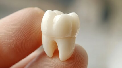 Close-up of a dental model tooth held between fingers, showcasing its realistic details and glossy finish.