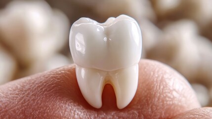 Fototapeta premium Close-up of a human tooth held on a fingertip, showcasing its glossy surface and detailed anatomy.