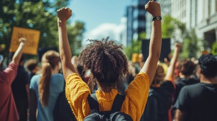 Fototapeta premium A young Black woman raises her fists in solidarity during a vibrant protest, embodying hope and determination against social injustice.