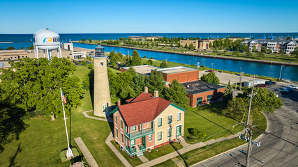 Aerial View of Kenosha Lighthouse and Harbor on Lake Michigan