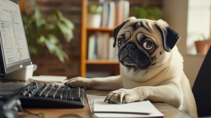 A curious pug at a home office, intently gazing at a computer screen with a focused expression.