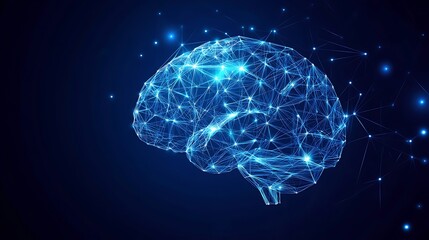 Abstract glowing brain with network lines and points on a dark blue background.