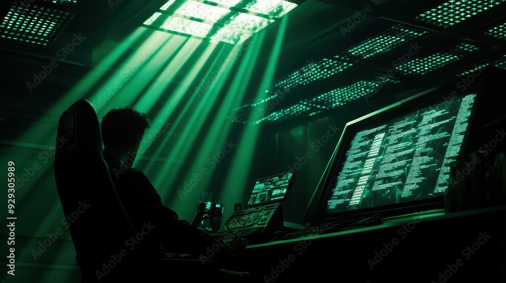 Poster a silhouette of a programmer working on multiple screens in a dark room with green lighting and data