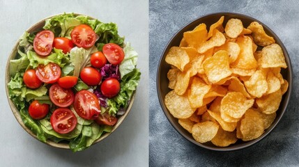 A vibrant salad of fresh greens and tomatoes contrasted with a bowl of crispy potato chips.
