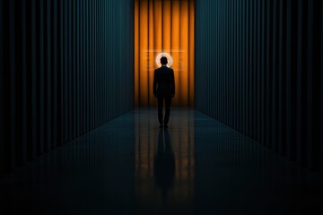 A solitary figure stands in a dimly lit corridor, illuminated by an orange glow, evoking a sense of mystery and introspection.