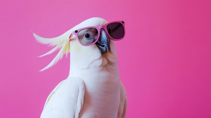 A playful white cockatoo wearing pink sunglasses poses against a vibrant pink background, exuding a fun and carefree vibe.