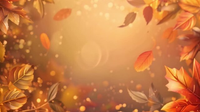 A beautiful display of golden autumn leaves gracefully falling against a warm, glimmering background, evoking a serene atmosphere of the season.