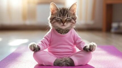 A serene gray tabby kitten in a pink outfit practices yoga on a purple mat, embodying tranquility and cuteness.