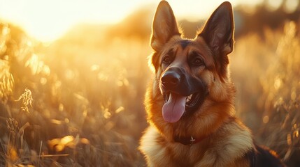 A happy German Shepherd sitting in a sunlit golden field during sunset.