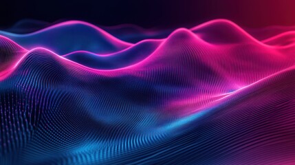 Abstract waves of vibrant pink and blue light create a stunning digital landscape.