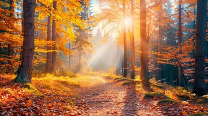 Sunlight filters through vibrant autumn foliage as a peaceful pathway winds through the forest, inviting exploration.