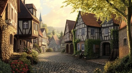 Fototapeta premium Charming cobblestone street lined with picturesque timber-framed houses in a serene village setting.
