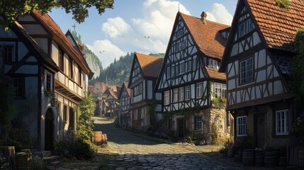 Charming street in a quaint village with timber-framed houses and lush greenery.