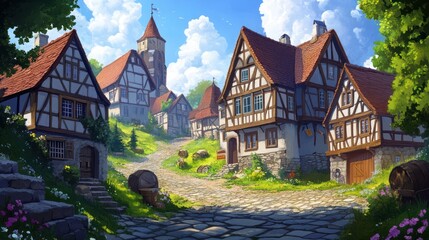 Naklejka premium A picturesque medieval village with charming timber-framed houses, lush greenery, and a sunny sky.