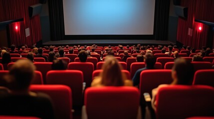 Obraz premium A crowd of diverse moviegoers eagerly watches a film in a cozy cinema, featuring vibrant red seating.