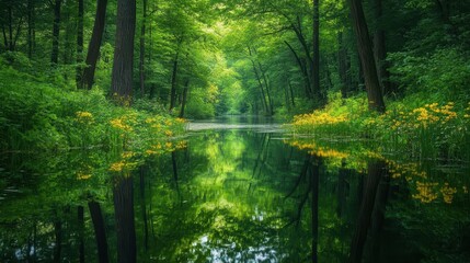 Obraz premium A serene forest landscape reflecting in calm water, showcasing vibrant greenery and flowers.
