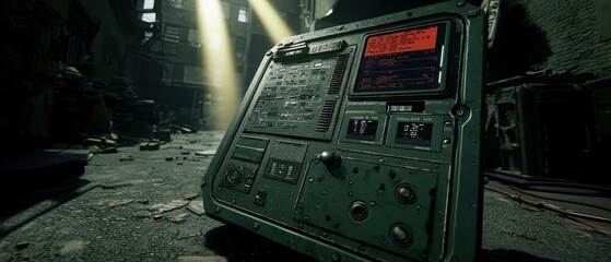 Naklejka premium An abandoned control panel in a derelict building, illuminated by beams of light, showcasing urban decay and technological remnants.