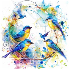 Fototapeta premium Watercolor Bird Chaplet. Yellow-Blue Decoration Design with Bird Illustration