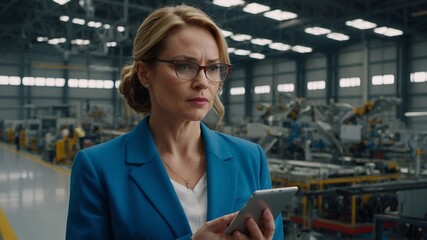 Female Executive in Modern Airplane Manufacturing Facility with Advanced Machinery, Industrial Technology, and Corporate Professionalism. AI Generated.