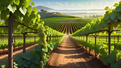 Fototapeta premium Rows of green grapes in vineyard at sunrise. Tuscany, Italy, illustration