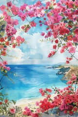 Watercolor Bougainvillea Frame by the Mediterranean Sea under Blue Sky: Vacation in Greece